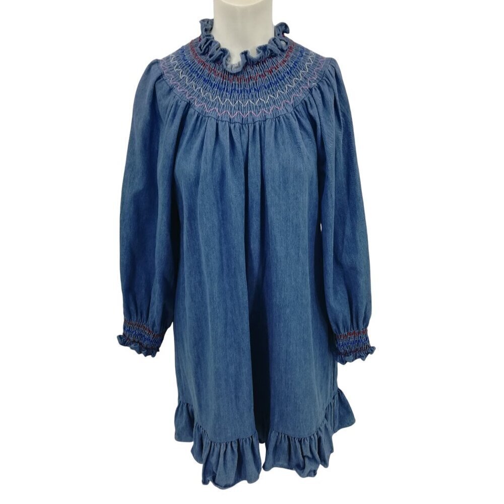 Rixo Azalea Smocked Denim Puff Sleeve Ruffle Mini Dress Size XS US 4 Prairie